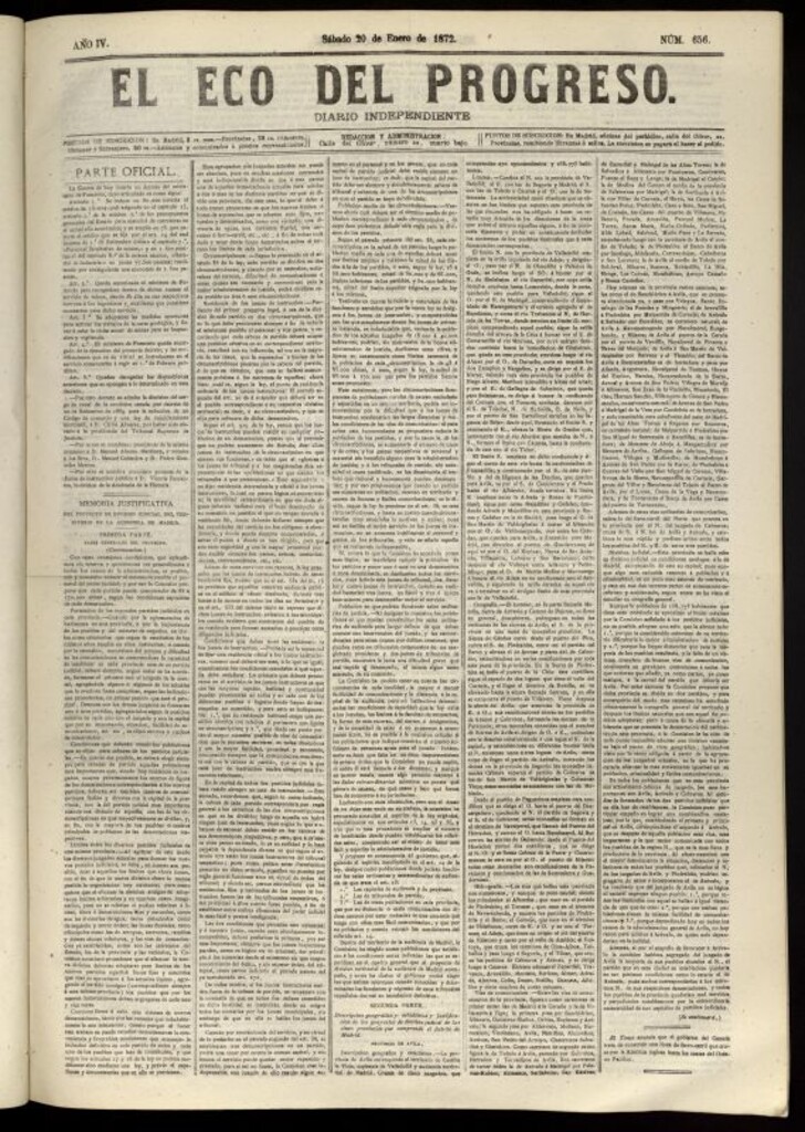 Miniatura de El Eco del Progreso : diario independiente. 20 de enero de 1872, nº 656