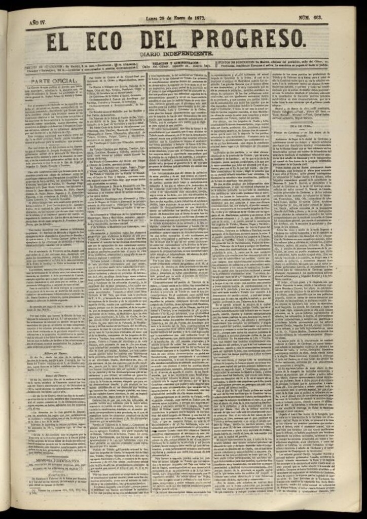 Miniatura de El Eco del Progreso : diario independiente. 29 de enero de 1872, nº 663