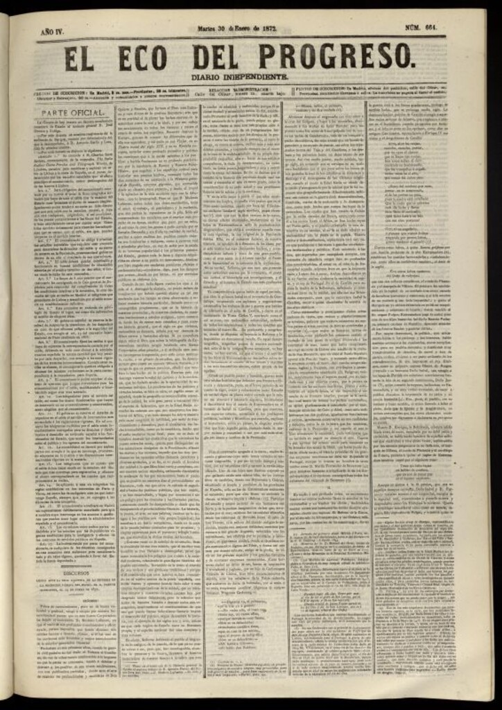Miniatura de El Eco del Progreso : diario independiente. 30 de enero de 1872, nº 664
