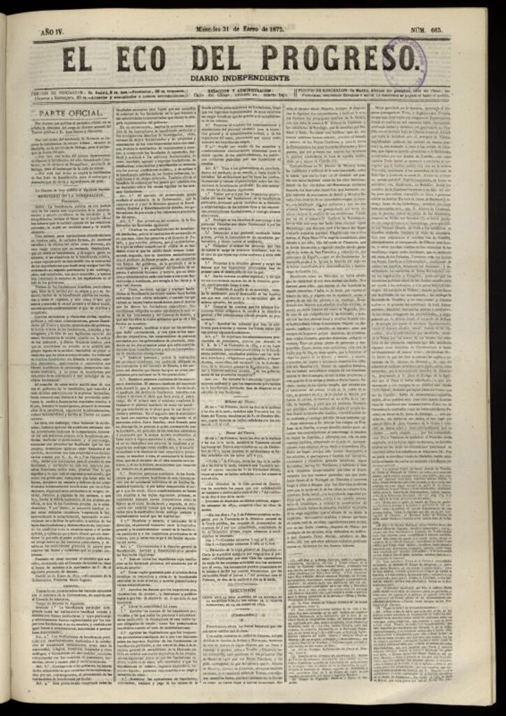Miniatura de El Eco del Progreso : diario independiente. 31 de enero de 1872, nº 665