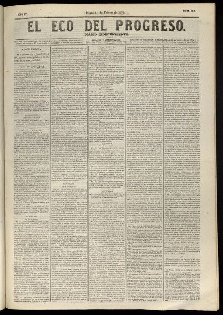 Miniatura de El Eco del Progreso : diario independiente. 1 de febrero de 1872, nº 666