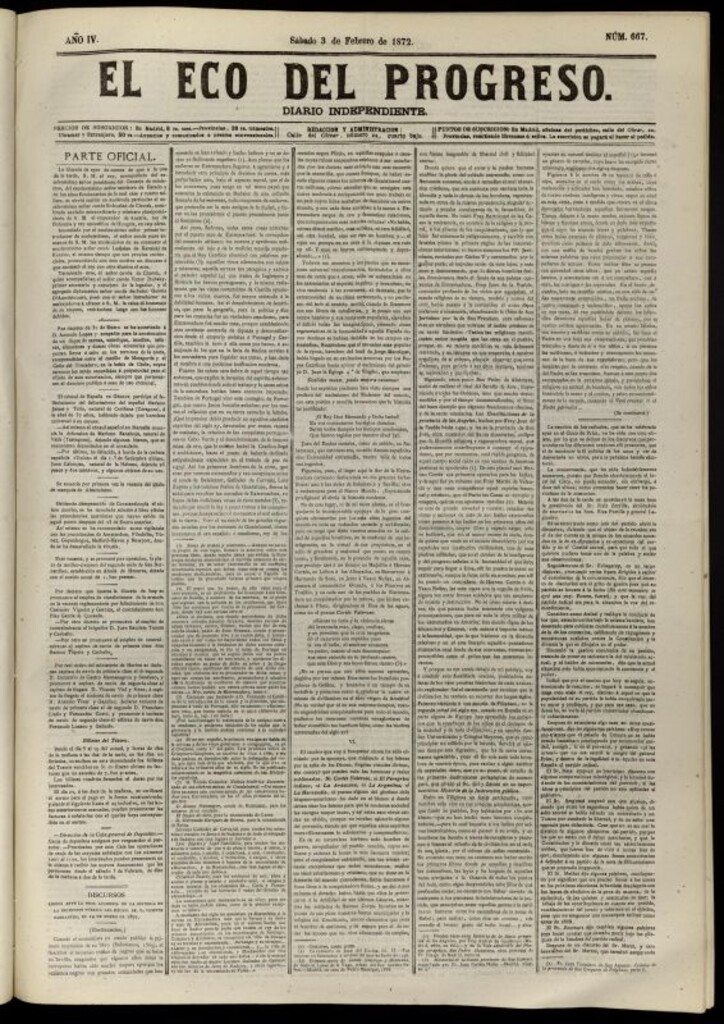 Miniatura de El Eco del Progreso : diario independiente. 3 de febrero de 1872, nº 667