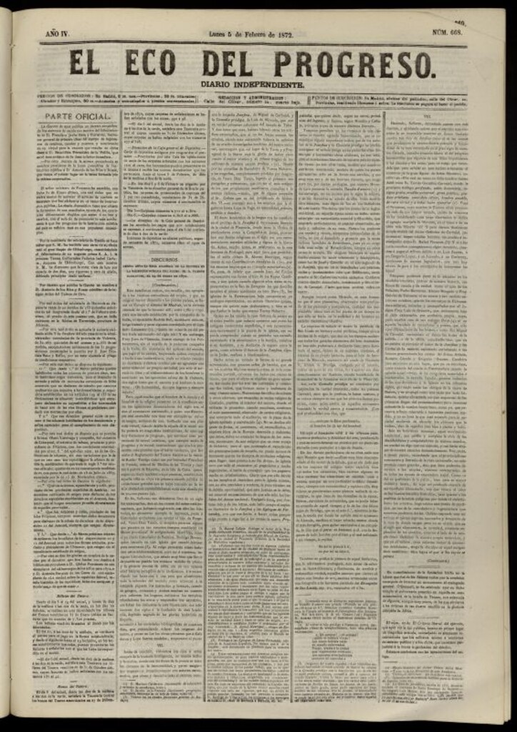 Miniatura de El Eco del Progreso : diario independiente. 5 de febrero de 1872, nº 668