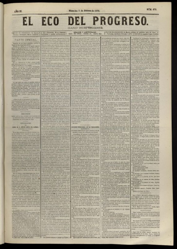 Miniatura de El Eco del Progreso : diario independiente. 7 de febrero de 1872, nº 670