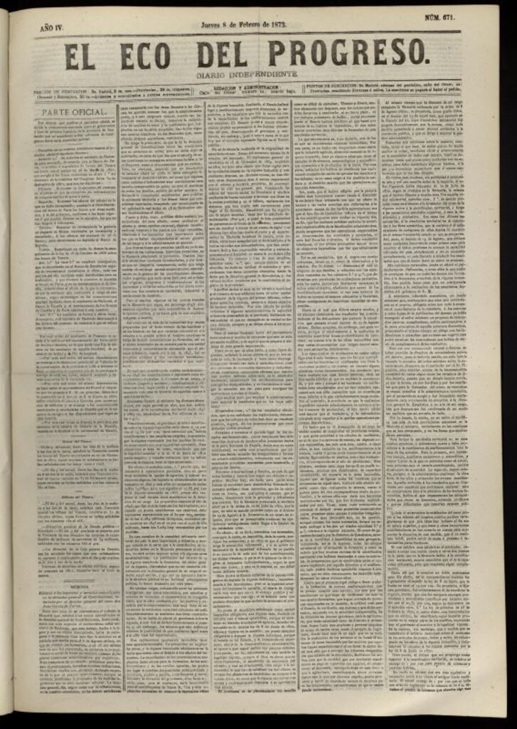 Miniatura de El Eco del Progreso : diario independiente. 8 de febrero de 1872, nº 671