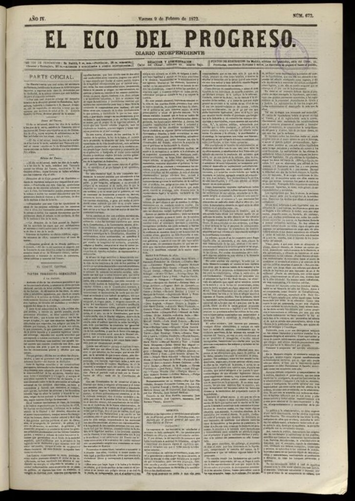 Miniatura de El Eco del Progreso : diario independiente. 9 de febrero de 1872, nº 672