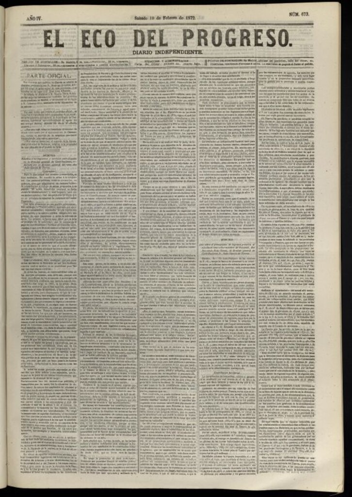 Miniatura de El Eco del Progreso : diario independiente. 10 de febrero de 1872, nº 673