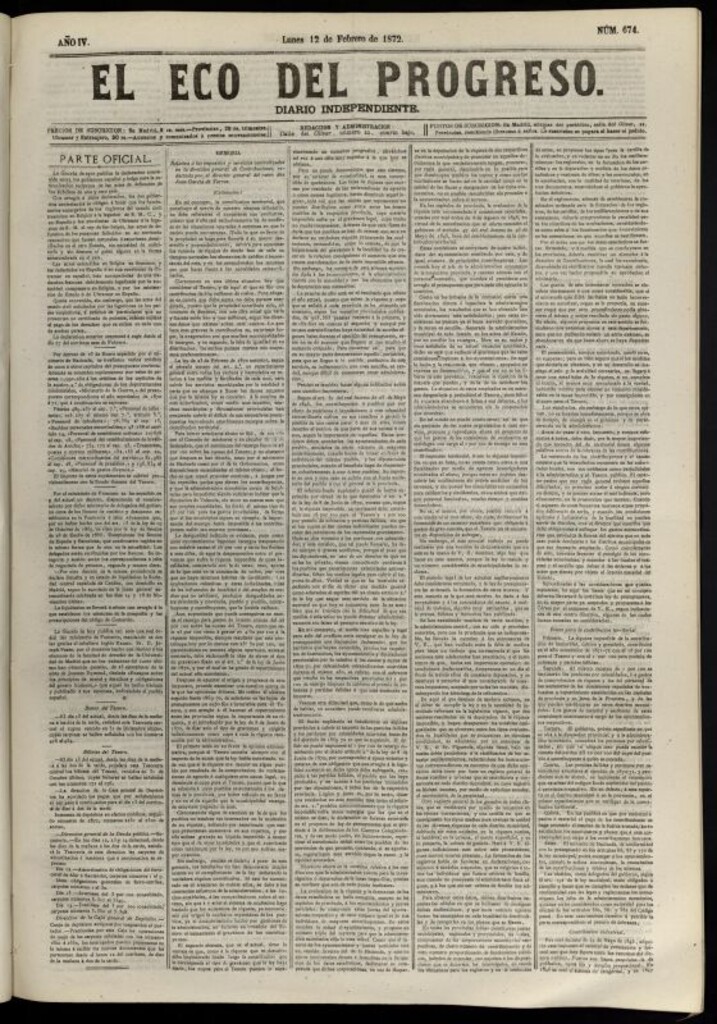 Miniatura de El Eco del Progreso : diario independiente. 12 de febrero de 1872, nº 674