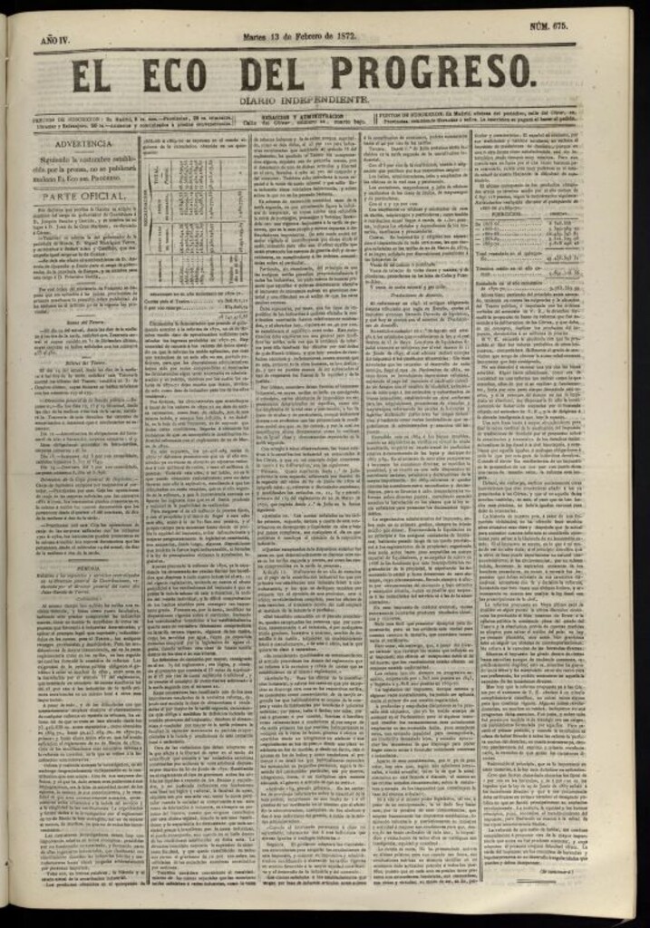 Miniatura de El Eco del Progreso : diario independiente. 13 de febrero de 1872, nº 675