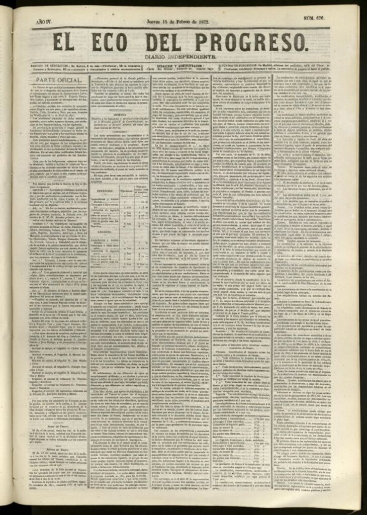 Miniatura de El Eco del Progreso : diario independiente. 15 de febrero de 1872, nº 676