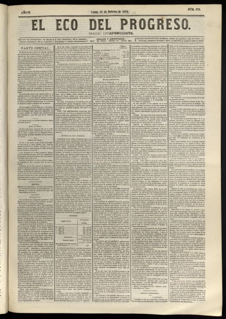 Miniatura de El Eco del Progreso : diario independiente. 19 de febrero de 1872, nº 679