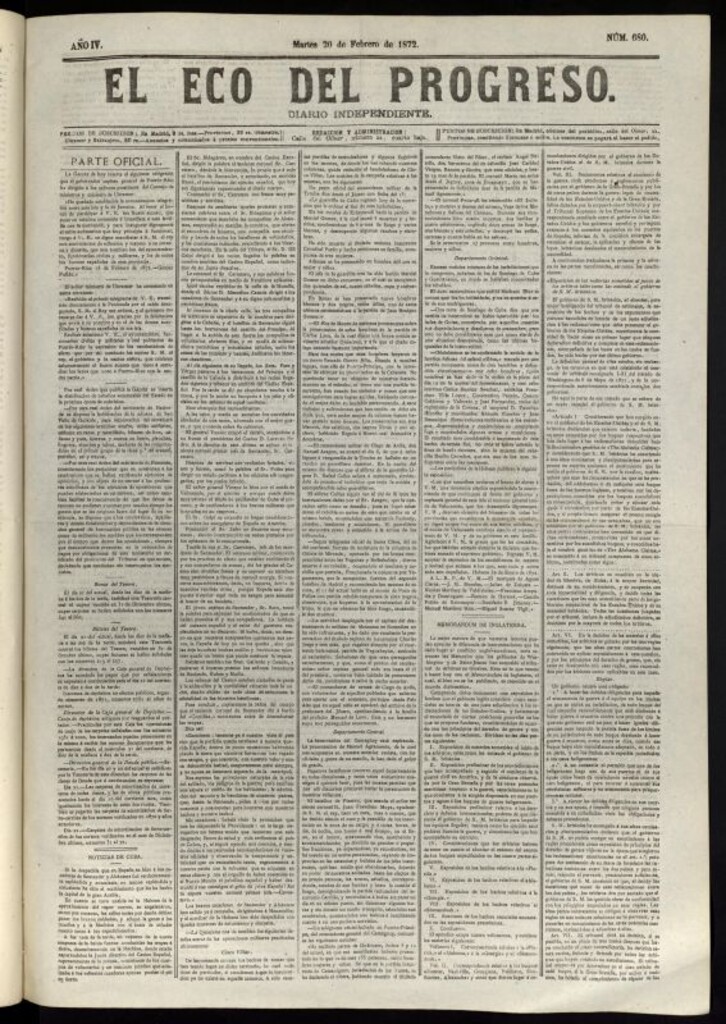 Miniatura de El Eco del Progreso : diario independiente. 20 de febrero de 1872, nº 680