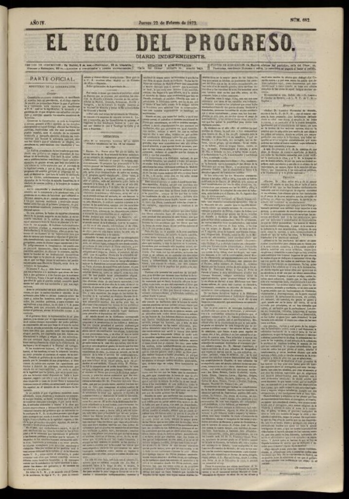 Miniatura de El Eco del Progreso : diario independiente. 22 de febrero de 1872, nº 682