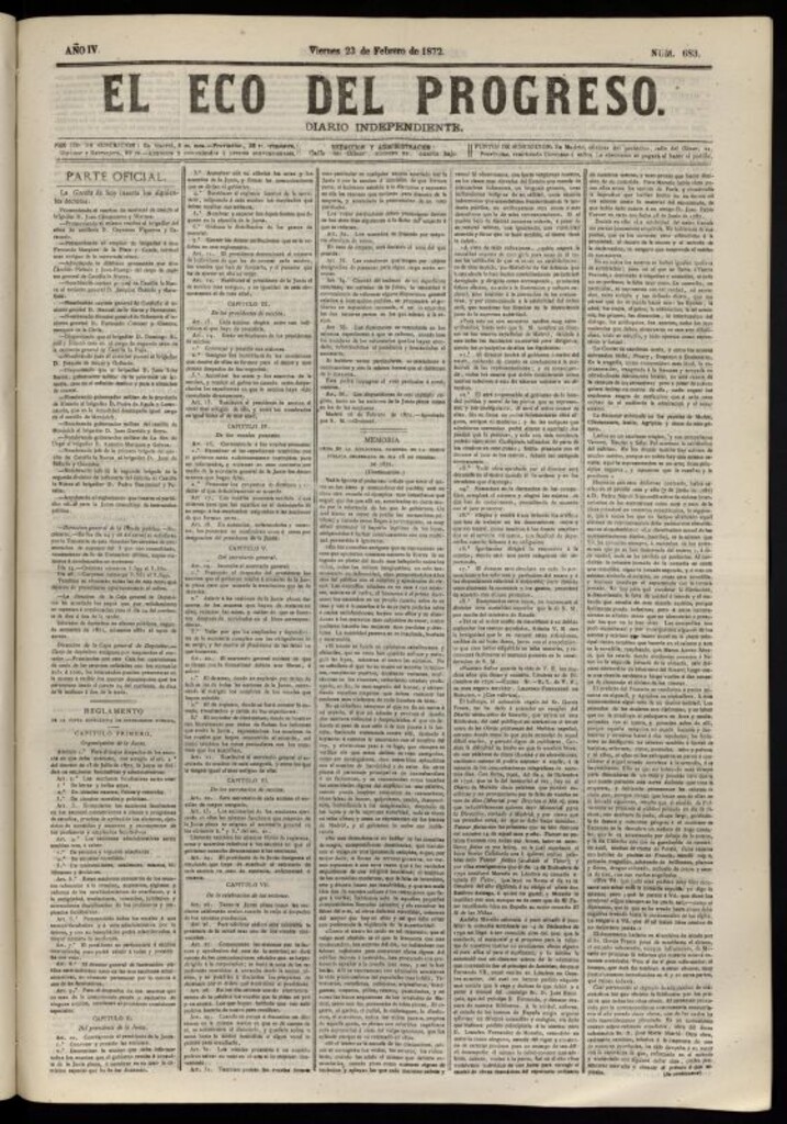 Miniatura de El Eco del Progreso : diario independiente. 23 de febrero de 1872, nº 683
