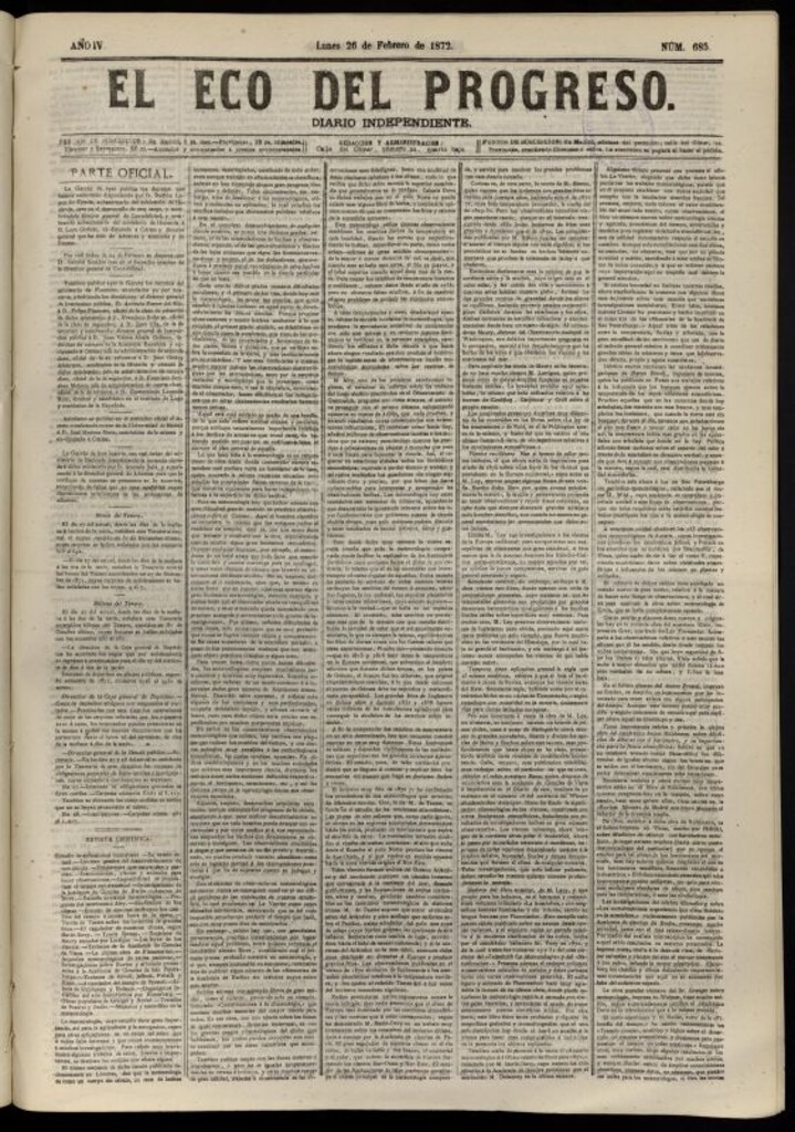 Miniatura de El Eco del Progreso : diario independiente. 26 de febrero de 1872, nº 685