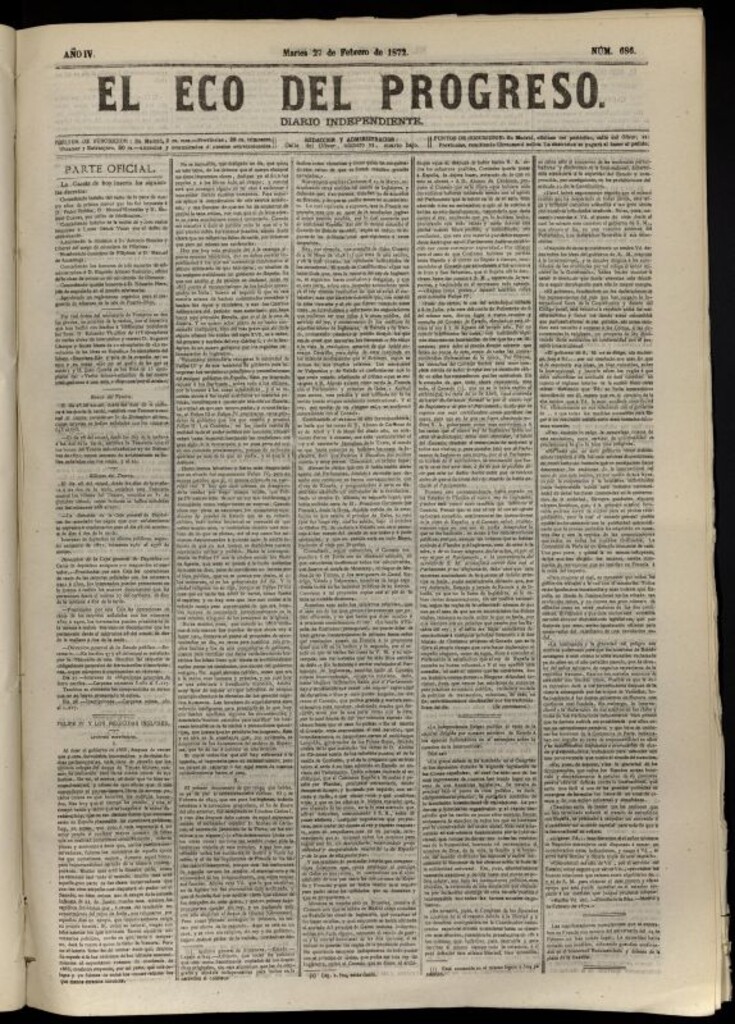 Miniatura de El Eco del Progreso : diario independiente. 27 de febrero de 1872, nº 686