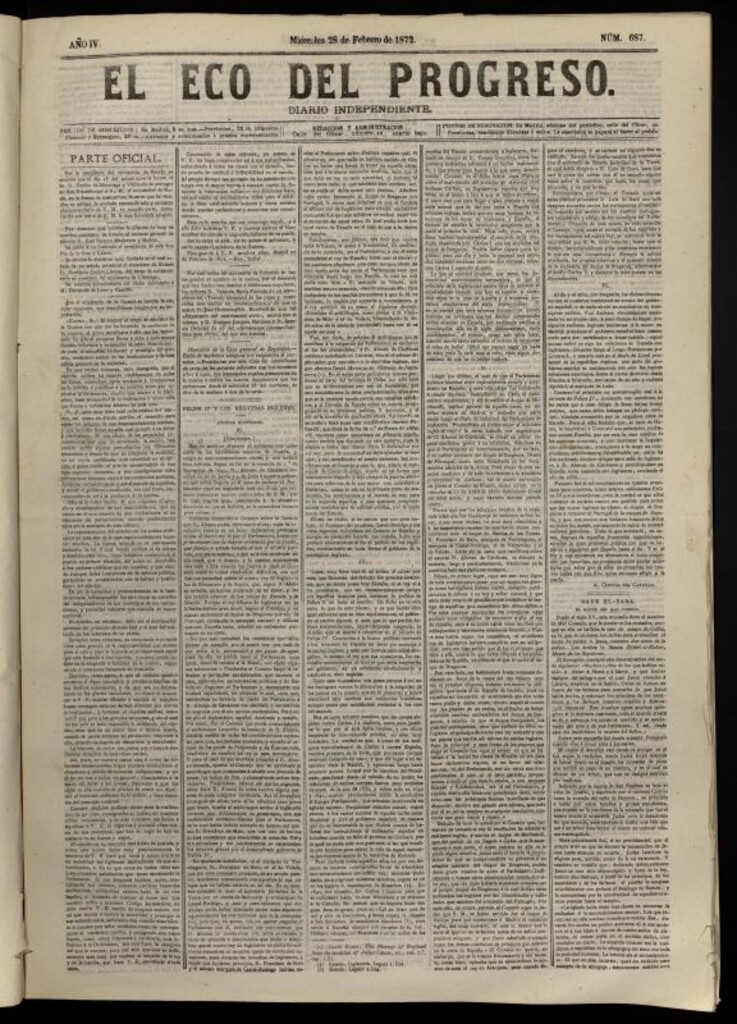 Miniatura de El Eco del Progreso : diario independiente. 28 de febrero de 1872, nº 687