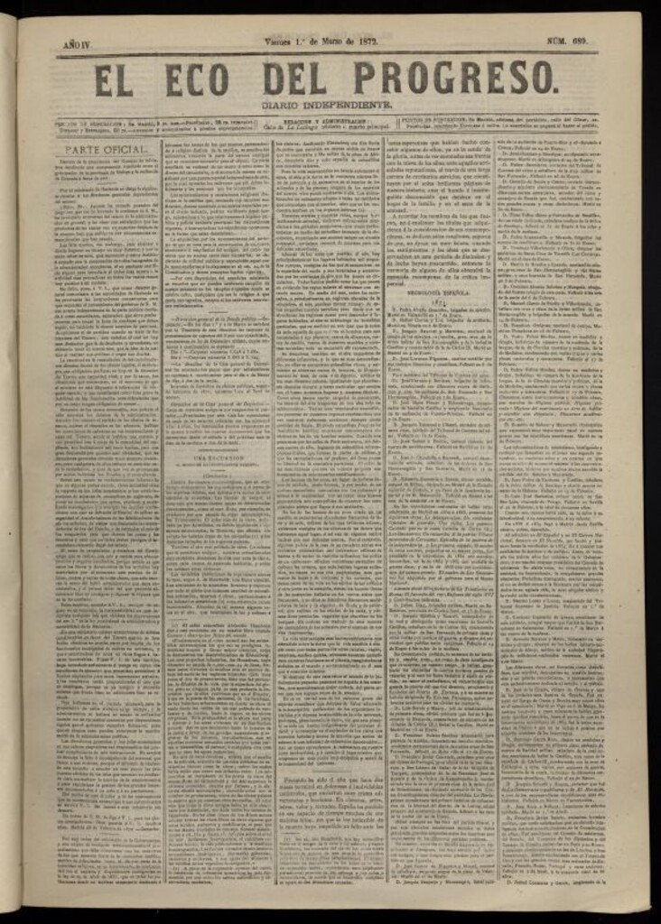 Miniatura de El Eco del Progreso : diario independiente. 1 de marzo de 1872, nº 689