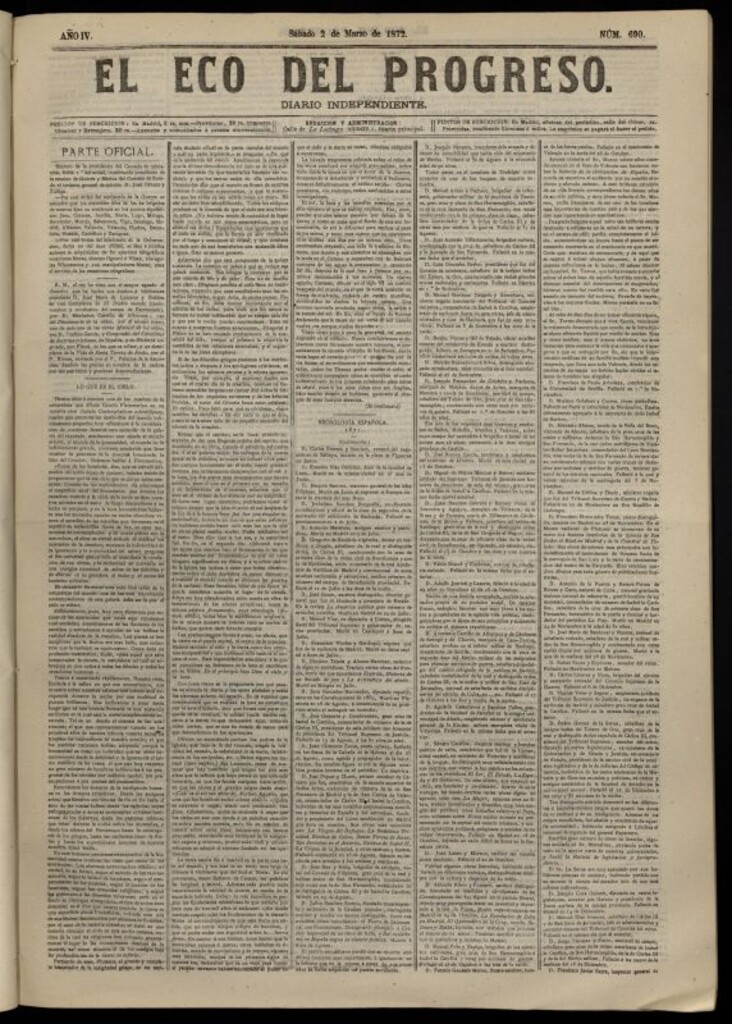 Miniatura de El Eco del Progreso : diario independiente. 2 de marzo de 1872, nº 690