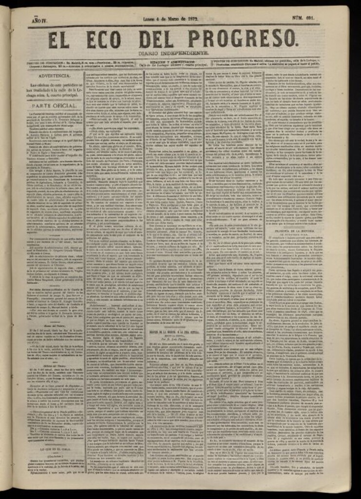 Miniatura de El Eco del Progreso : diario independiente. 4 de marzo de 1872, nº 691