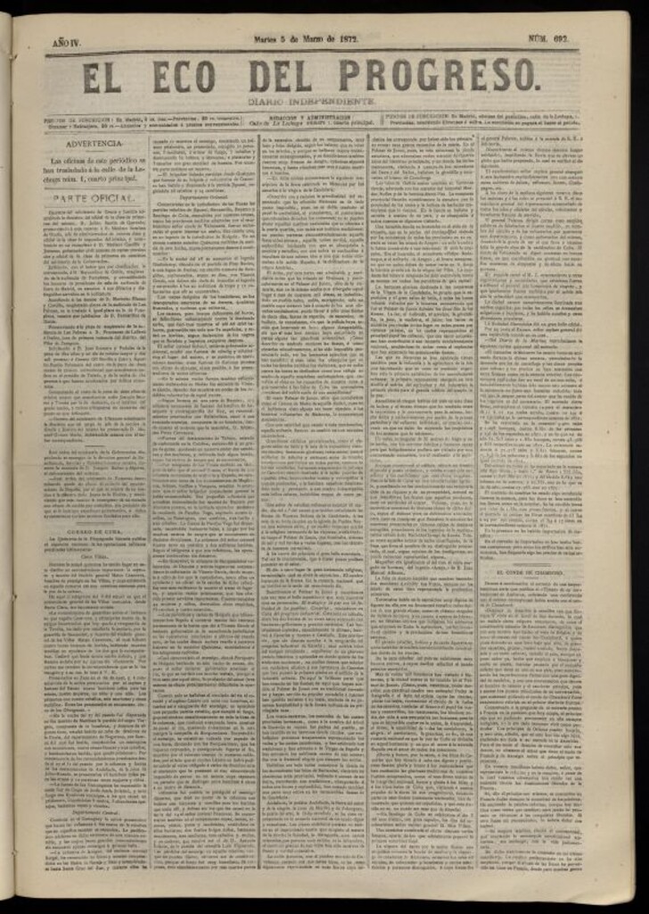 Miniatura de El Eco del Progreso : diario independiente. 5 de marzo de 1872, nº 692