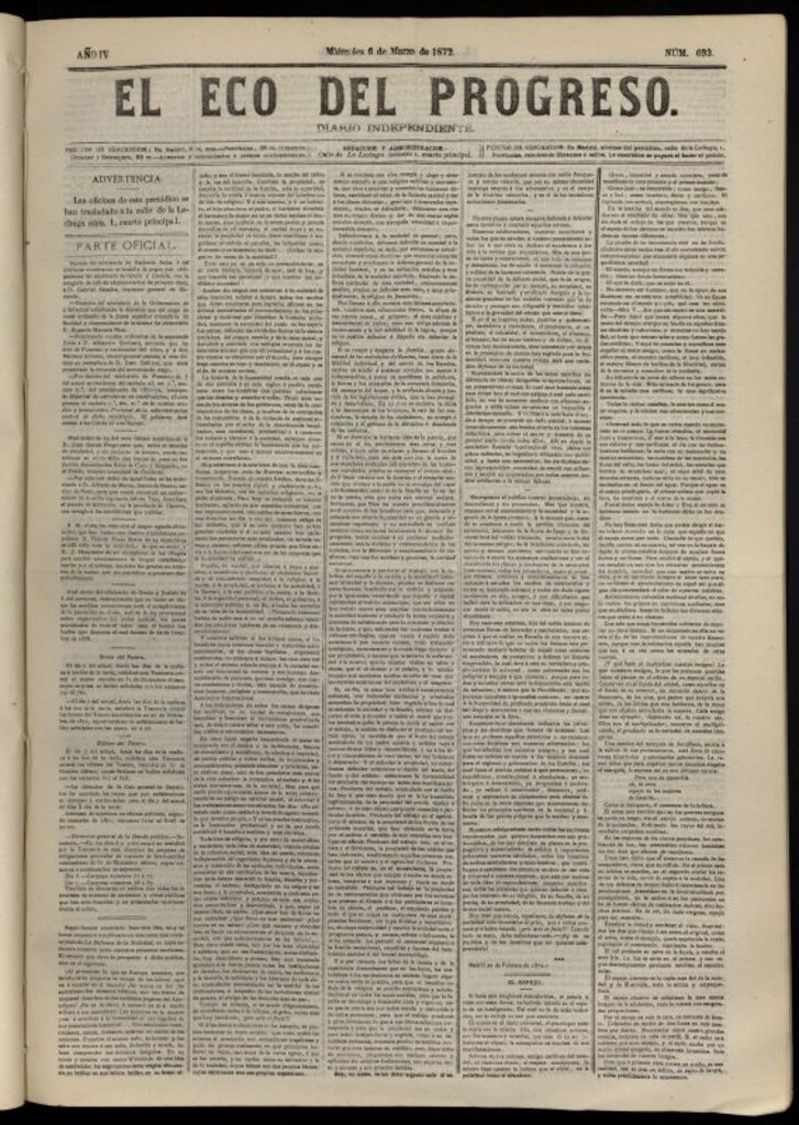Miniatura de El Eco del Progreso : diario independiente. 6 de marzo de 1872, nº 693