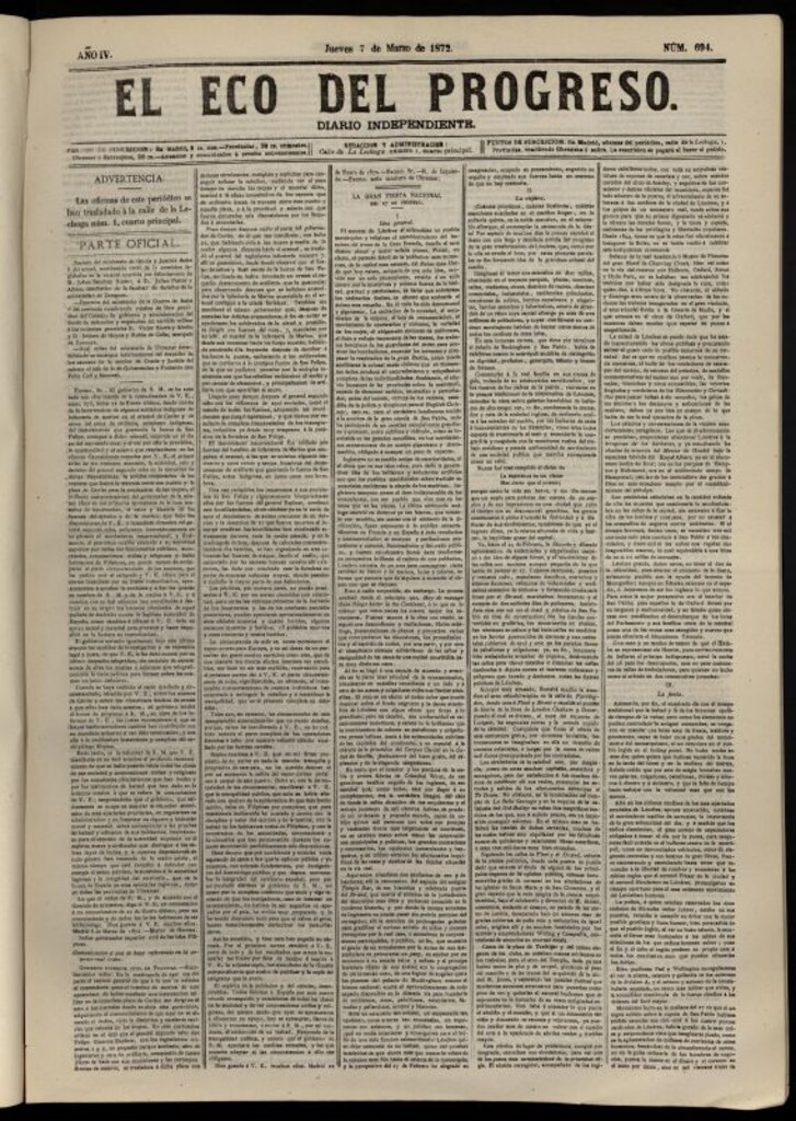 Miniatura de El Eco del Progreso : diario independiente. 7 de marzo de 1872, nº 694