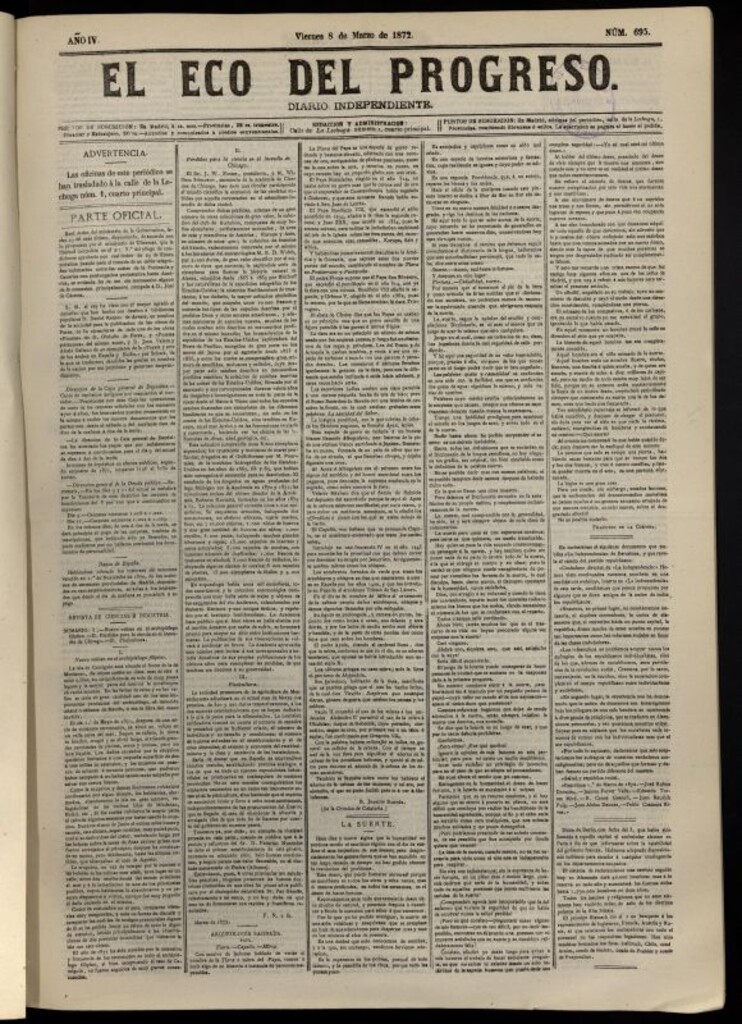 Miniatura de El Eco del Progreso : diario independiente. 8 de marzo de 1872, nº 695