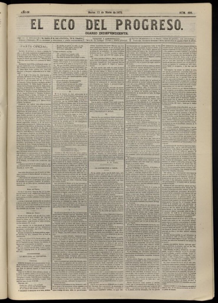 Miniatura de El Eco del Progreso : diario independiente. 12 de marzo de 1872, nº 698