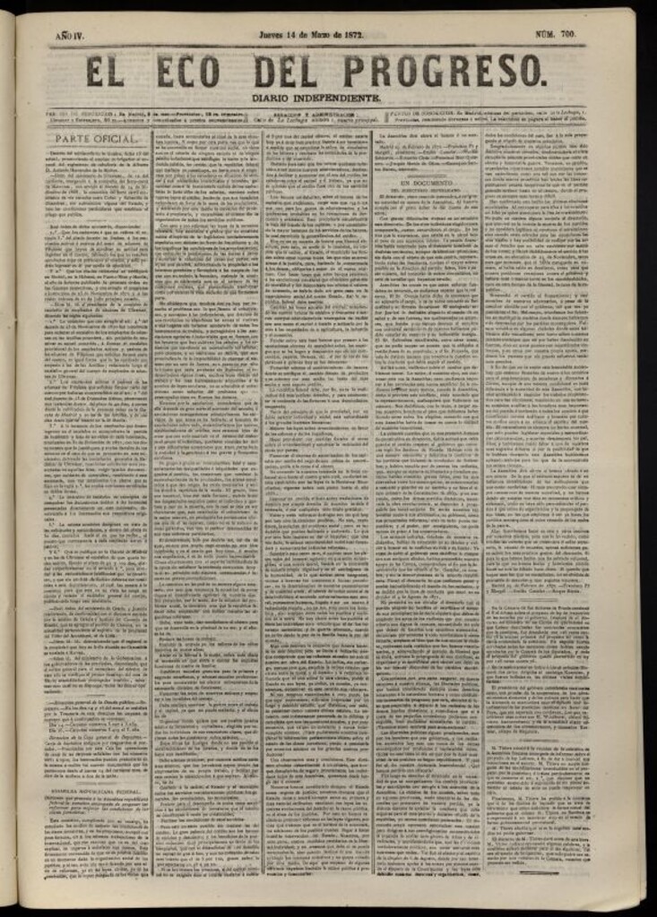 Miniatura de El Eco del Progreso : diario independiente. 14 de marzo de 1872, nº 700