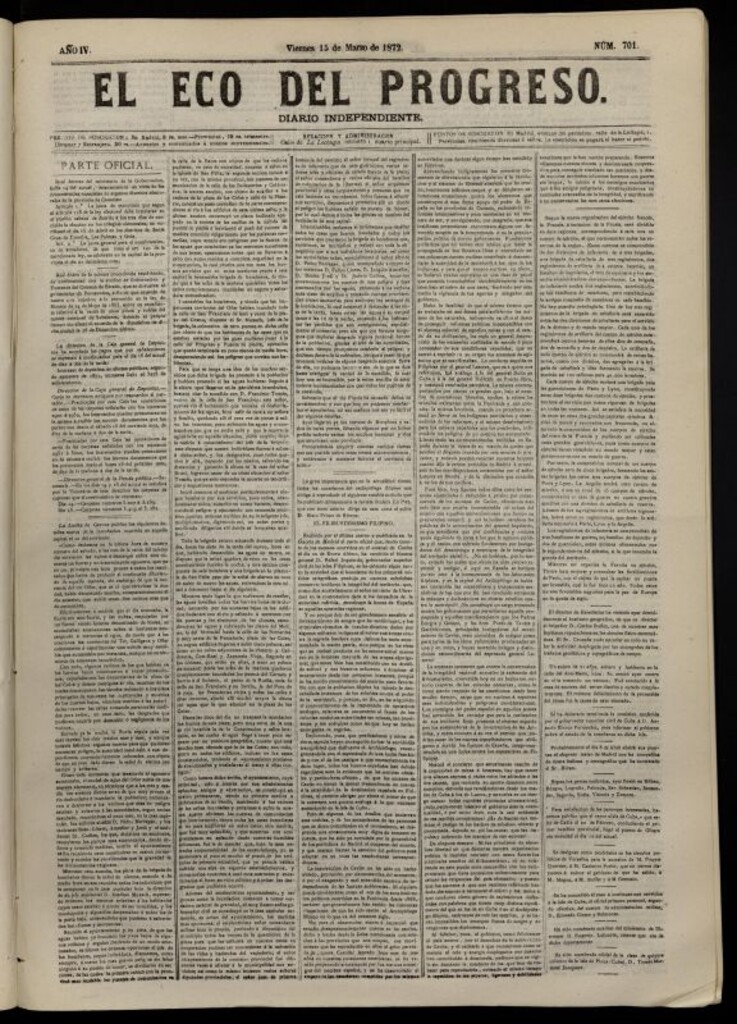 Miniatura de El Eco del Progreso : diario independiente. 15 de marzo de 1872, nº 701