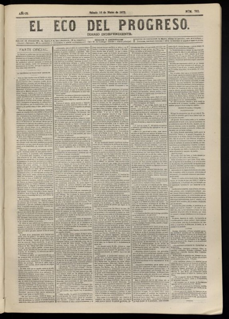 Miniatura de El Eco del Progreso : diario independiente. 16 de marzo de 1872, nº 702