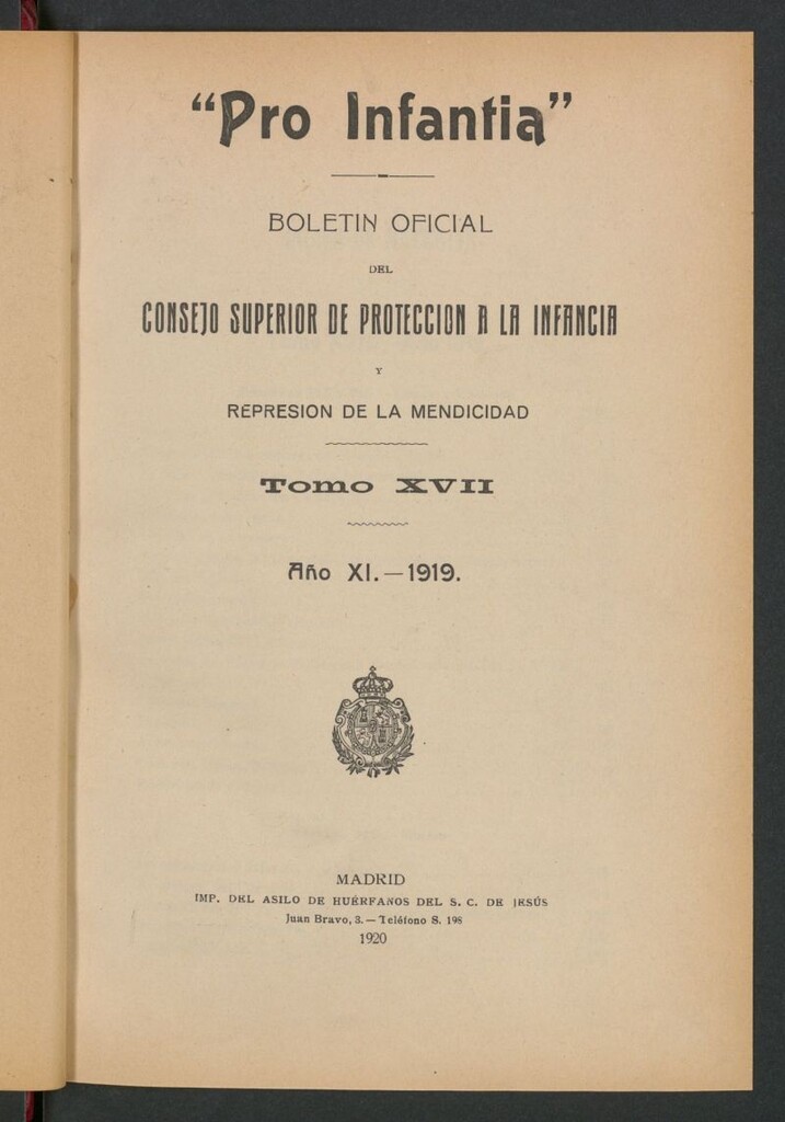 Miniatura de Pro Infantia : boletín del Consejo Superior de Protección a la Infancia y Represión de la Mendicidad. 1919 Índices