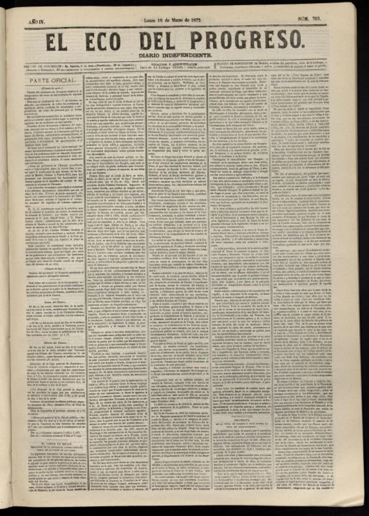 Miniatura de El Eco del Progreso : diario independiente. 18 de marzo de 1872, nº 703
