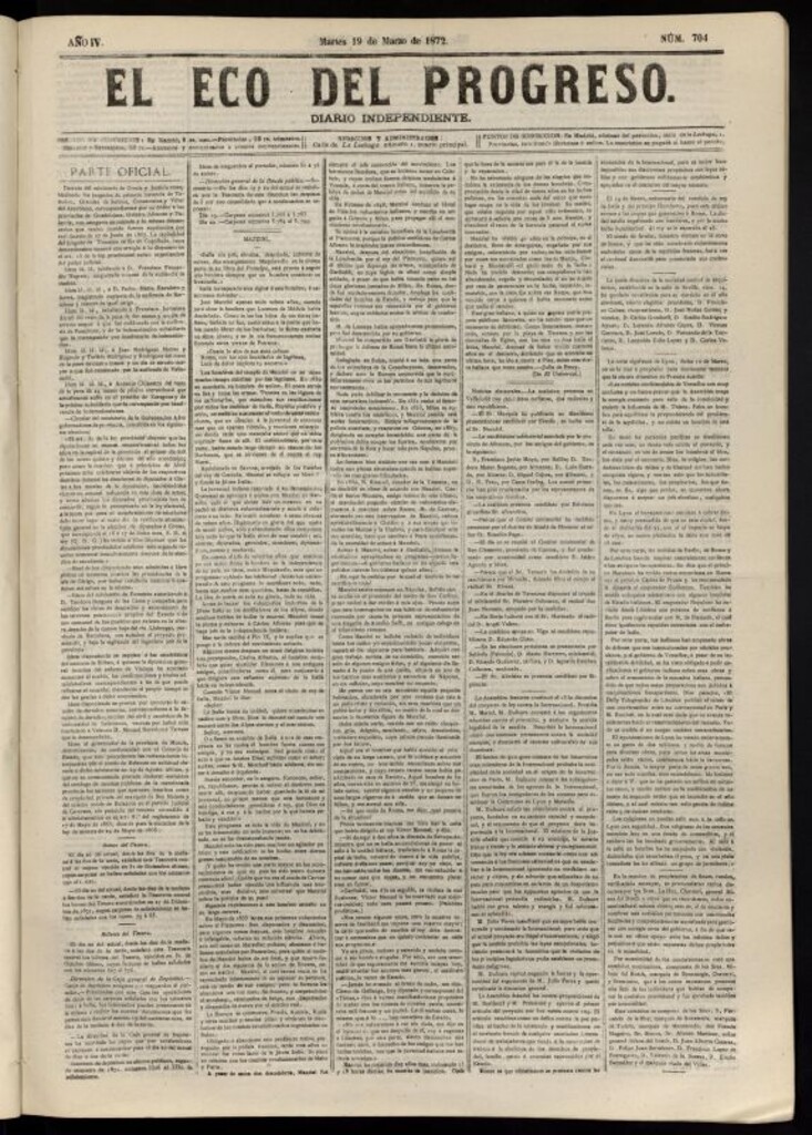 Miniatura de El Eco del Progreso : diario independiente. 19 de marzo de 1872, nº 704