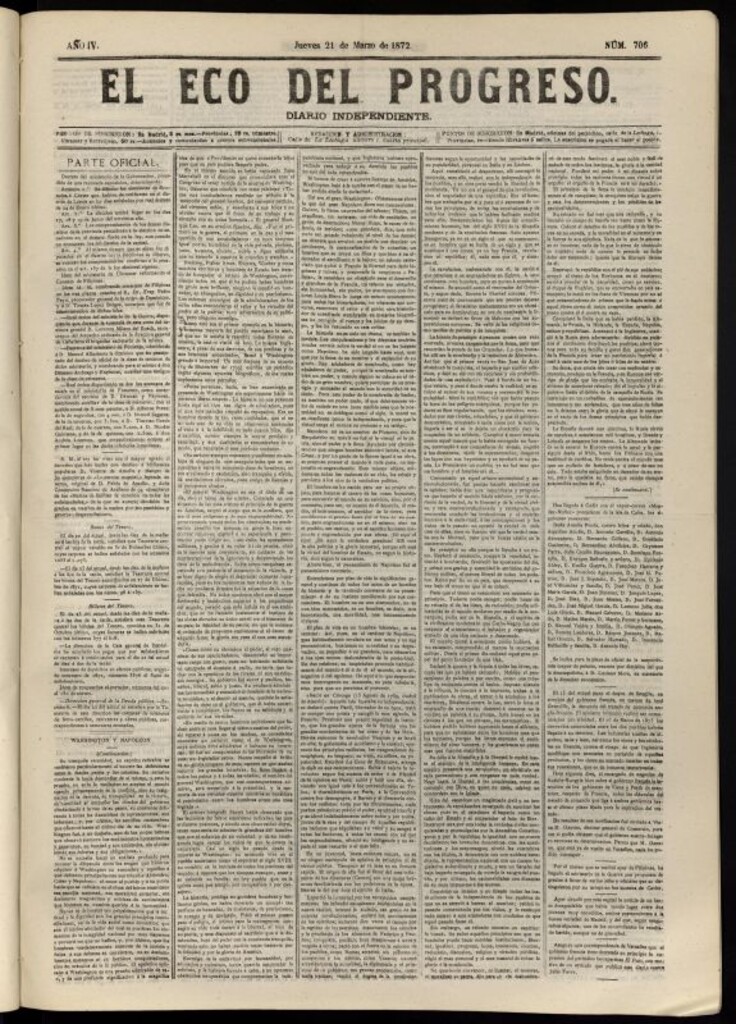 Miniatura de El Eco del Progreso : diario independiente. 21 de marzo de 1872, nº 706