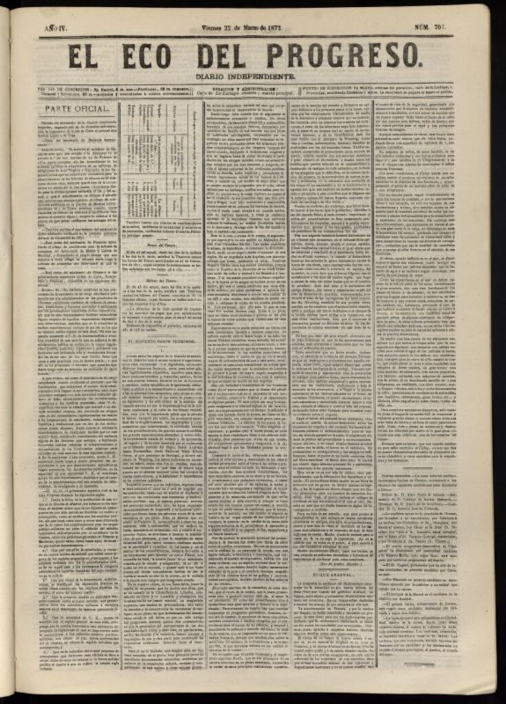 Miniatura de El Eco del Progreso : diario independiente. 22 de marzo de 1872, nº 707