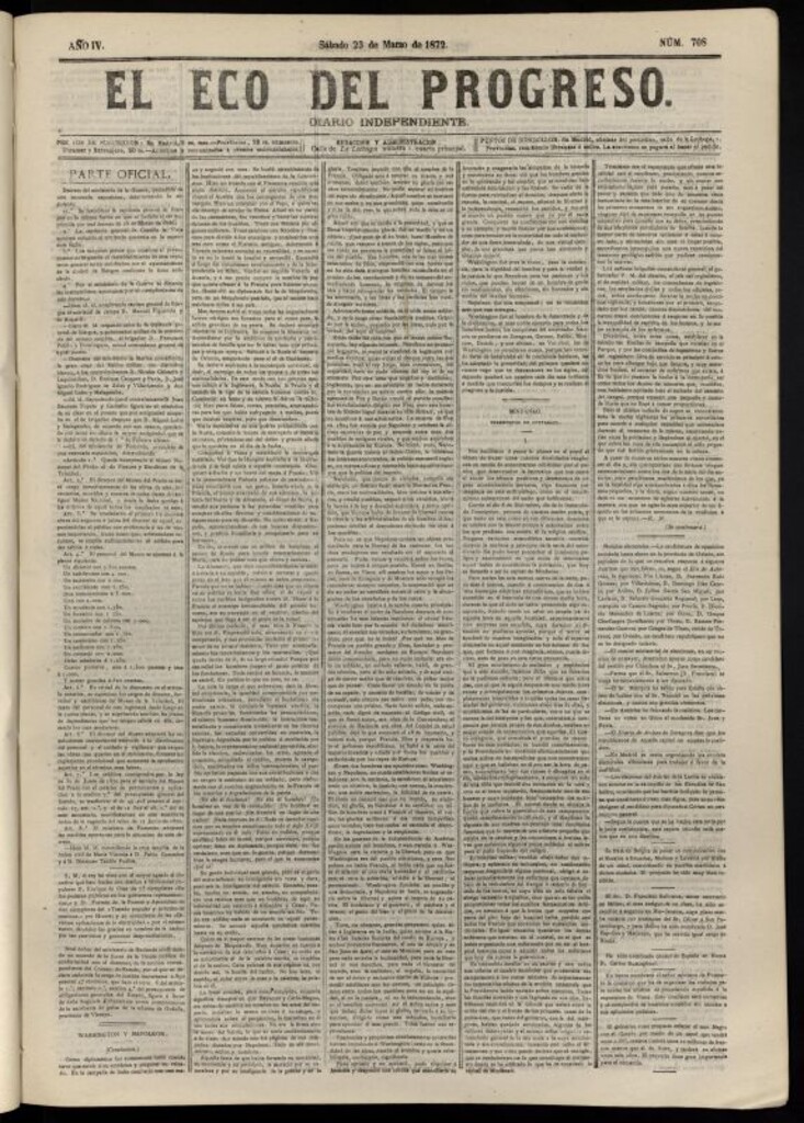 Miniatura de El Eco del Progreso : diario independiente. 23 de marzo de 1872, nº 708