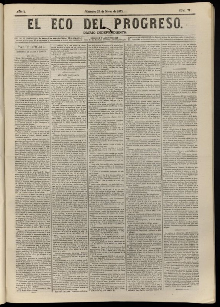 Miniatura de El Eco del Progreso : diario independiente. 27 de marzo de 1872, nº 711
