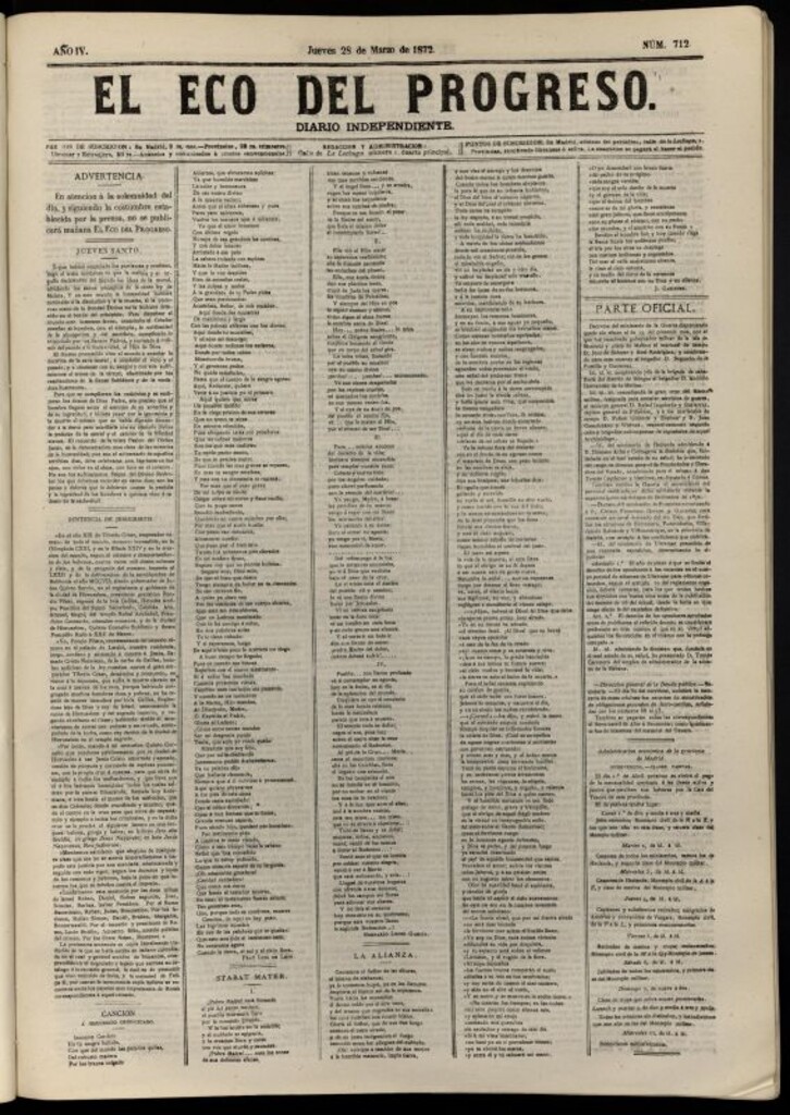 Miniatura de El Eco del Progreso : diario independiente. 28 de marzo de 1872, nº 712