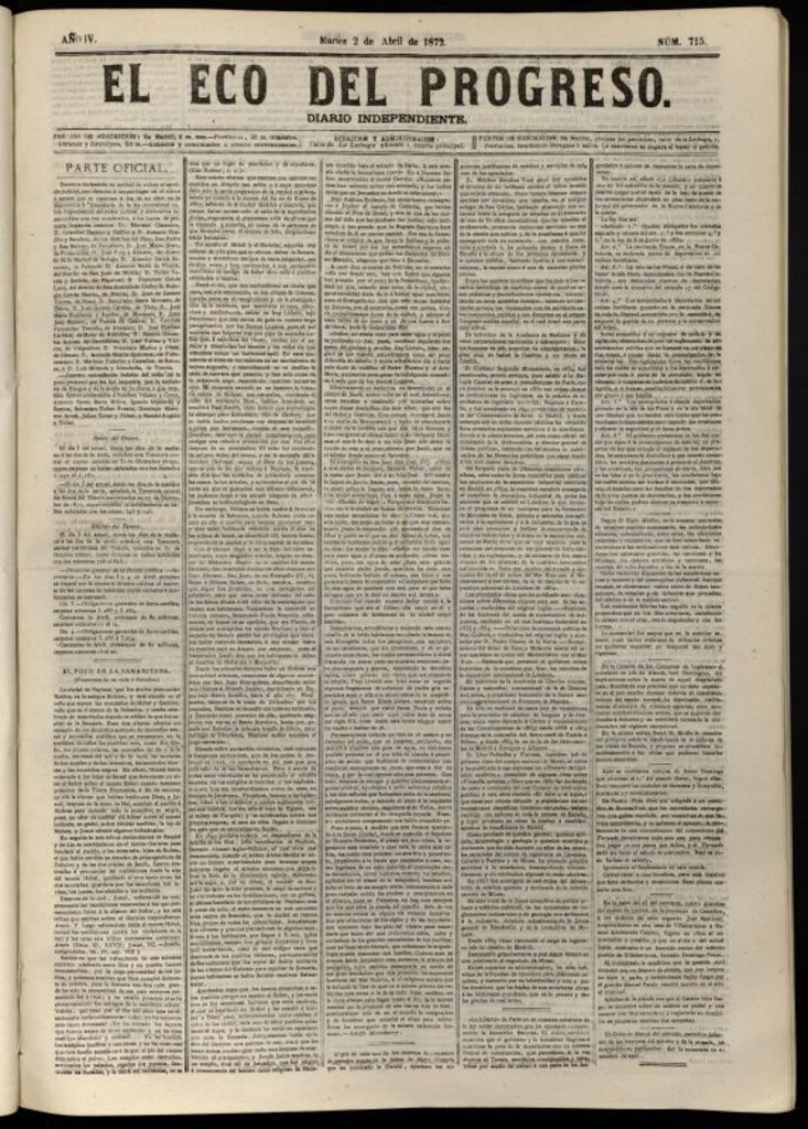 Miniatura de El Eco del Progreso : diario independiente. 2 de abril de 1872, nº 715