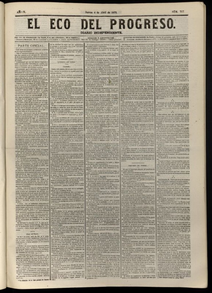 Miniatura de El Eco del Progreso : diario independiente. 4 de abril de 1872, nº 717