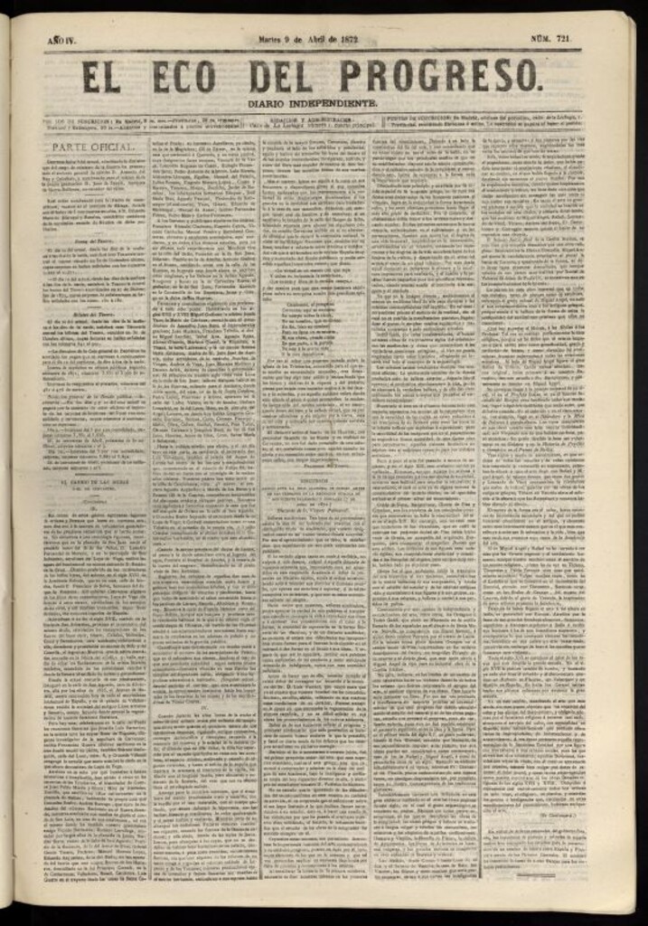Miniatura de El Eco del Progreso : diario independiente. 9 de abril de 1872, nº 721