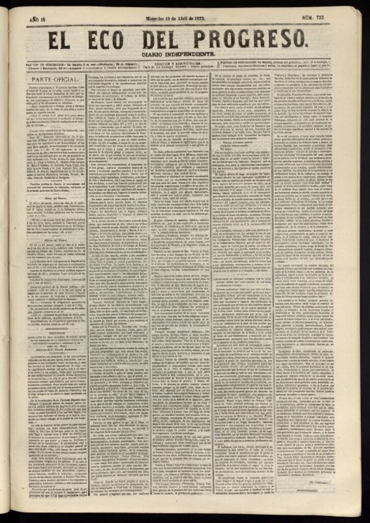 Miniatura de El Eco del Progreso : diario independiente. 10 de abril de 1872, nº 722