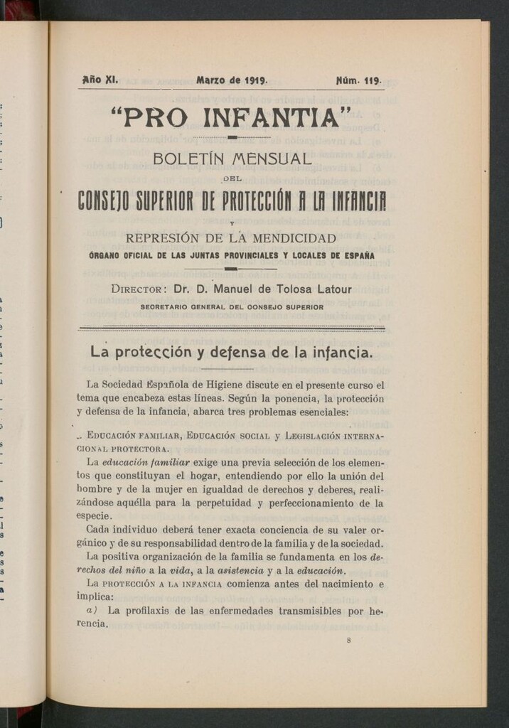 Miniatura de Pro Infantia : boletín del Consejo Superior de Protección a la Infancia y Represión de la Mendicidad. Nº 119. Marzo de 1919