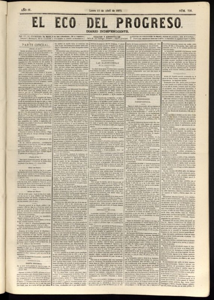 Miniatura de El Eco del Progreso : diario independiente. 15 de abril de 1872, nº 726