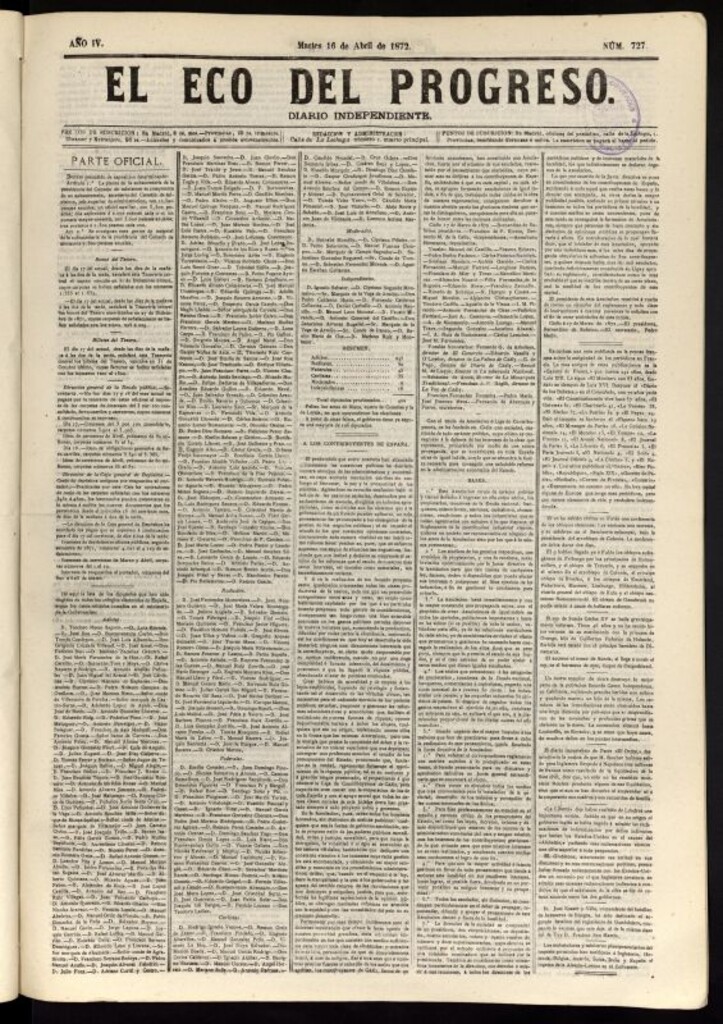 Miniatura de El Eco del Progreso : diario independiente. 16 de abril de 1872, nº 727