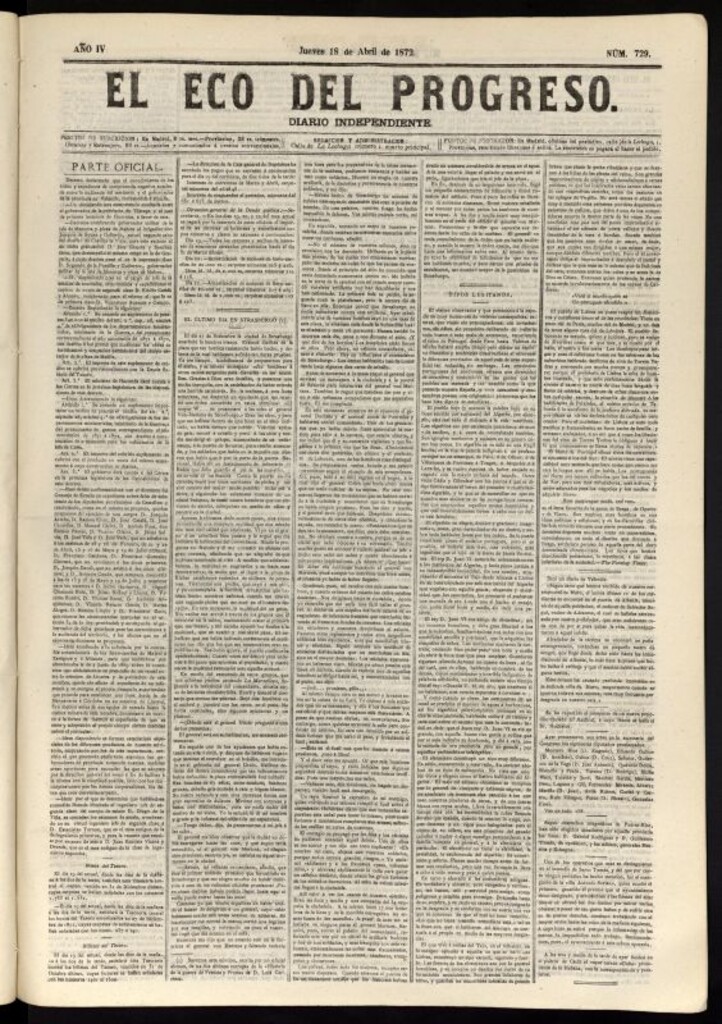 Miniatura de El Eco del Progreso : diario independiente. 18 de abril de 1872, nº 729