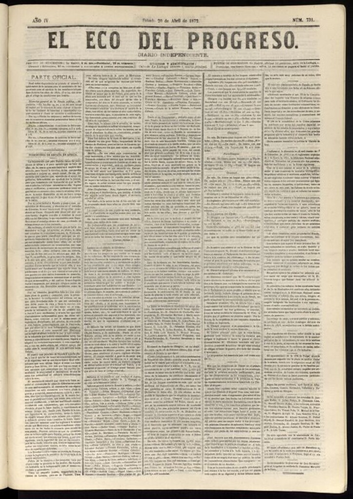 Miniatura de El Eco del Progreso : diario independiente. 20 de abril de 1872, nº 731