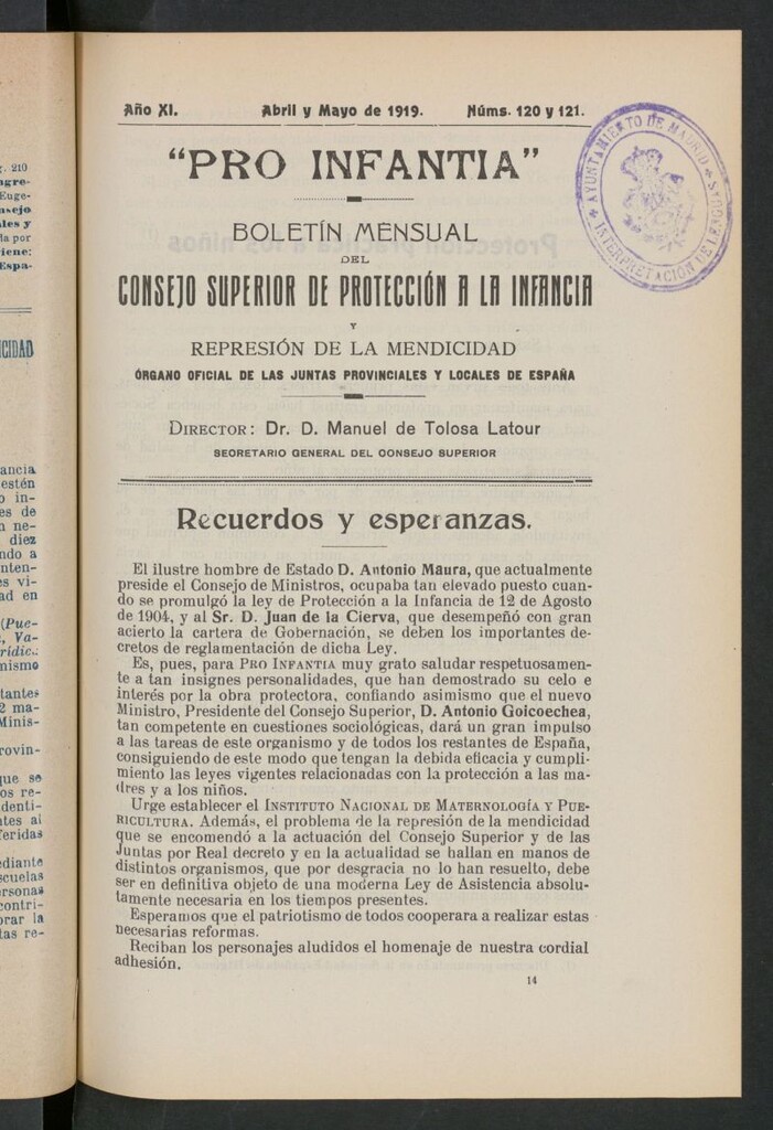 Miniatura de Pro Infantia : boletín del Consejo Superior de Protección a la Infancia y Represión de la Mendicidad. Nº 120 y 121. Abril y mayo de 1919